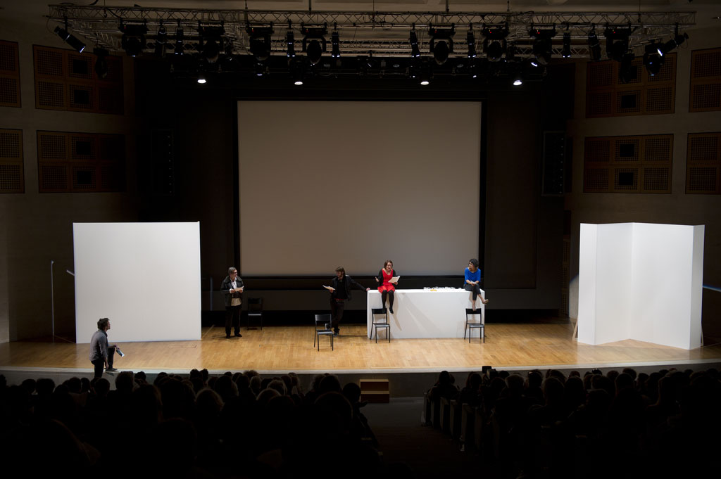 Claude Closky, 'Private View' (5), Yvonnick Muller as 'Douglas', Yves Lambrecht as 'John', Mark Cresswell as 'Bandi', Valentina Fago as 'Ghada', Sarah Vermande as 'Tracey', Auditorium du Louvre, 21-10-2011. Photo Marc Domage